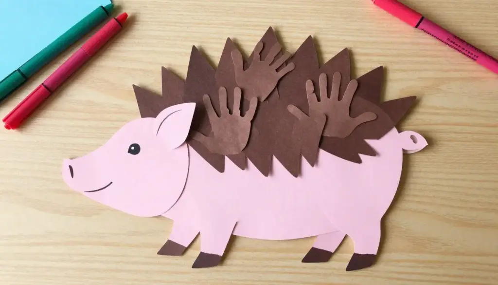 A paper hedgehog craft featuring cut-out handprints as spiky quills