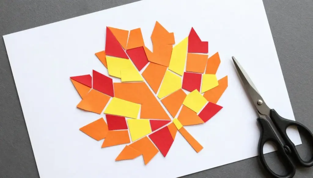 A paper leaf silhouette filled with small cut mosaic paper tiles