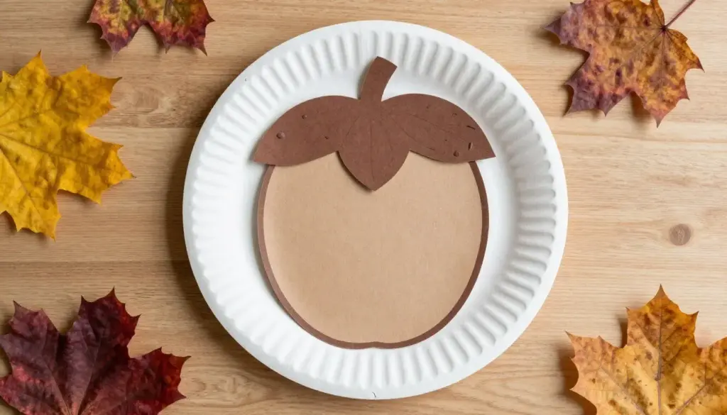 A paper plate cut into an acorn shape with a textured brown cap