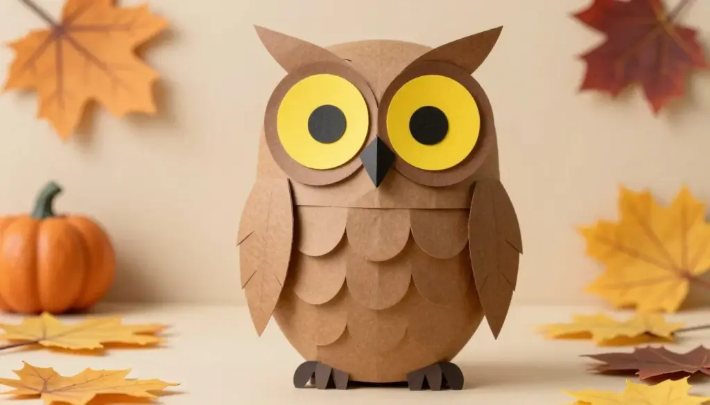 A paper strip barn owl cut-out craft with large circular eyes