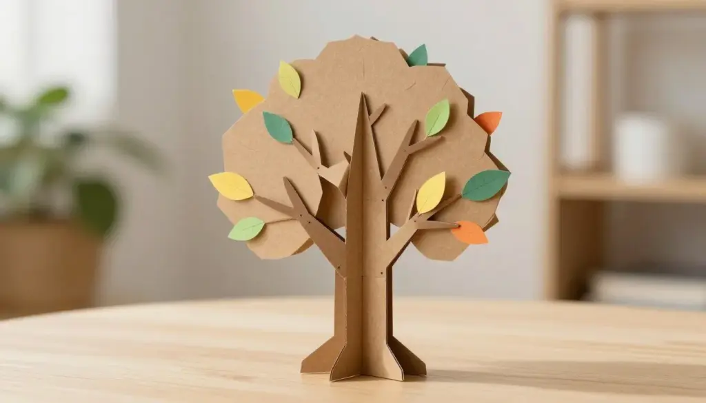 A standing 3D cardboard tree craft with interlocking slots and paper leaves