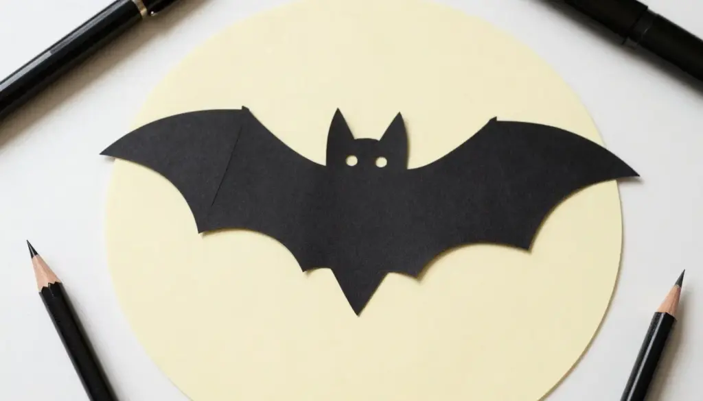 A symmetrical black paper bat cut-out with scalloped wings