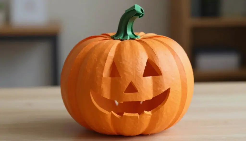 A three dimensional striped paper pumpkin craft made from curved orange strips