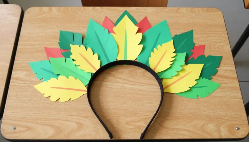 A wearable paper headband crown adorned with cut-out autumn leaves