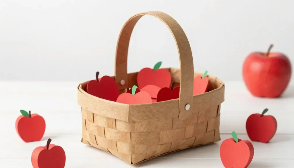 A woven paper bushel basket filled with cut-out red and green paper apples