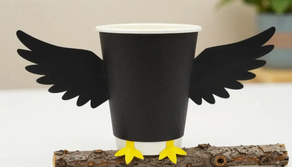 An inverted paper cup painted black with attached paper crow wings
