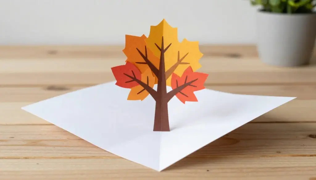 An opened pop-up card displaying a dimensional paper autumn tree canopy
