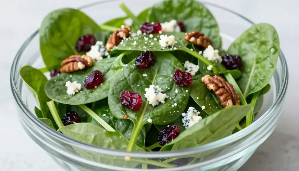 Baby spinach salad with dried cranberries, pecans, and blue cheese