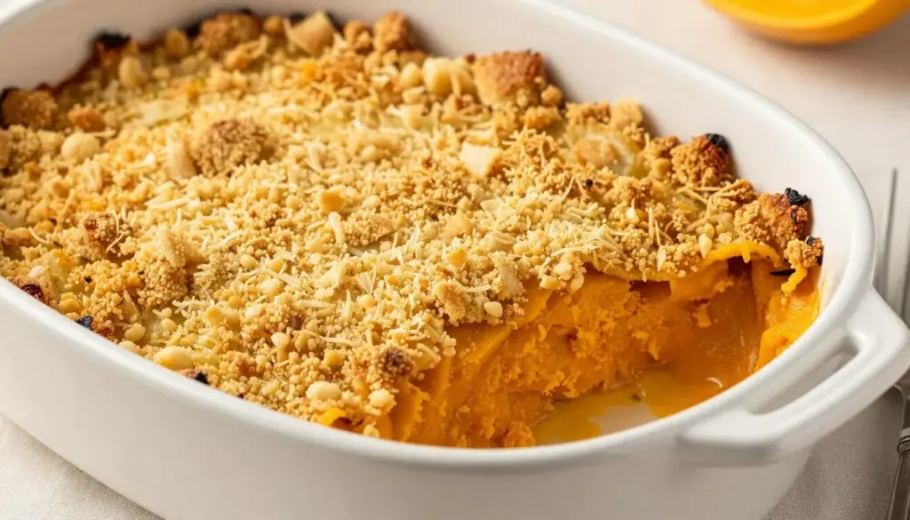 Baked butternut squash casserole with golden cracker crumble topping
