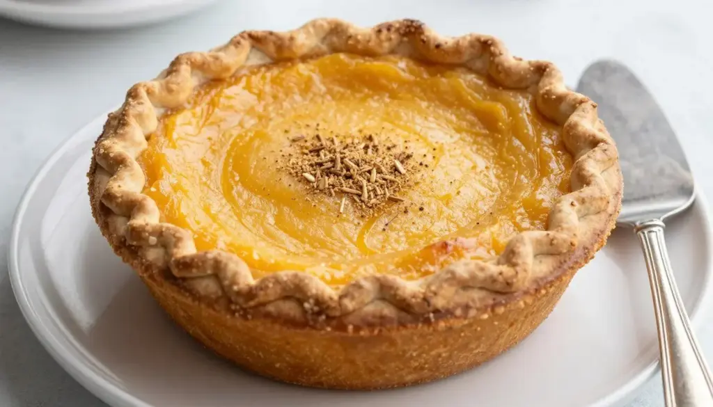 Bourbon sweet potato pie garnished with whipped cream and ground nutmeg