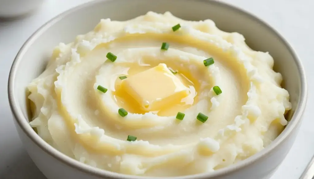 Bowl of fluffy mashed potatoes with a melting pat of butter on top