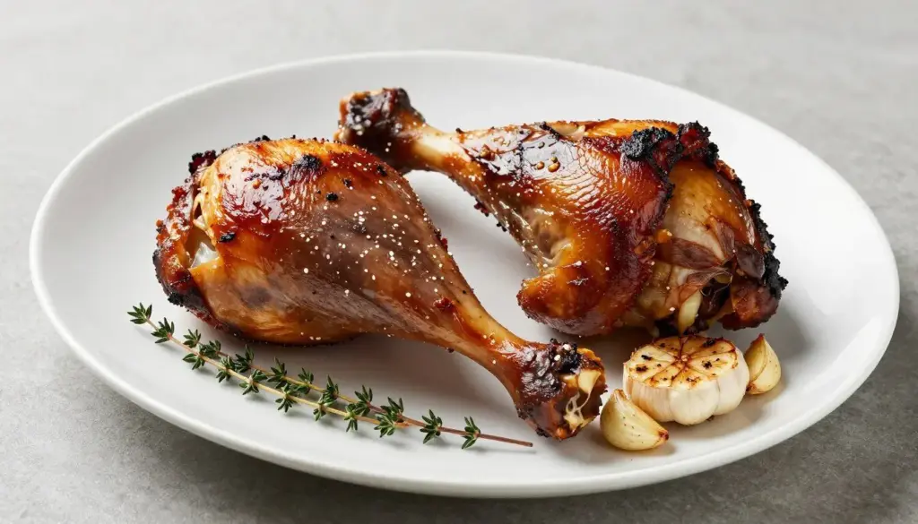 Braised turkey drumsticks with caramelized herbs on a ceramic platter