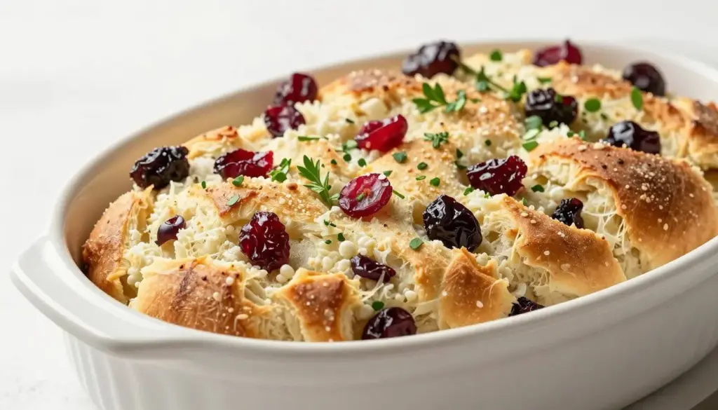 Brioche stuffing with bright dried cranberries and fresh herbs