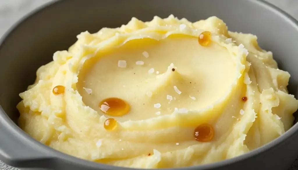 Brown butter whipped Yukon gold potatoes in a modern serving dish