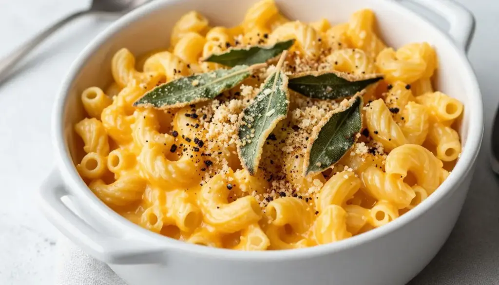 Butternut squash macaroni bake with crisp sage leaves on top
