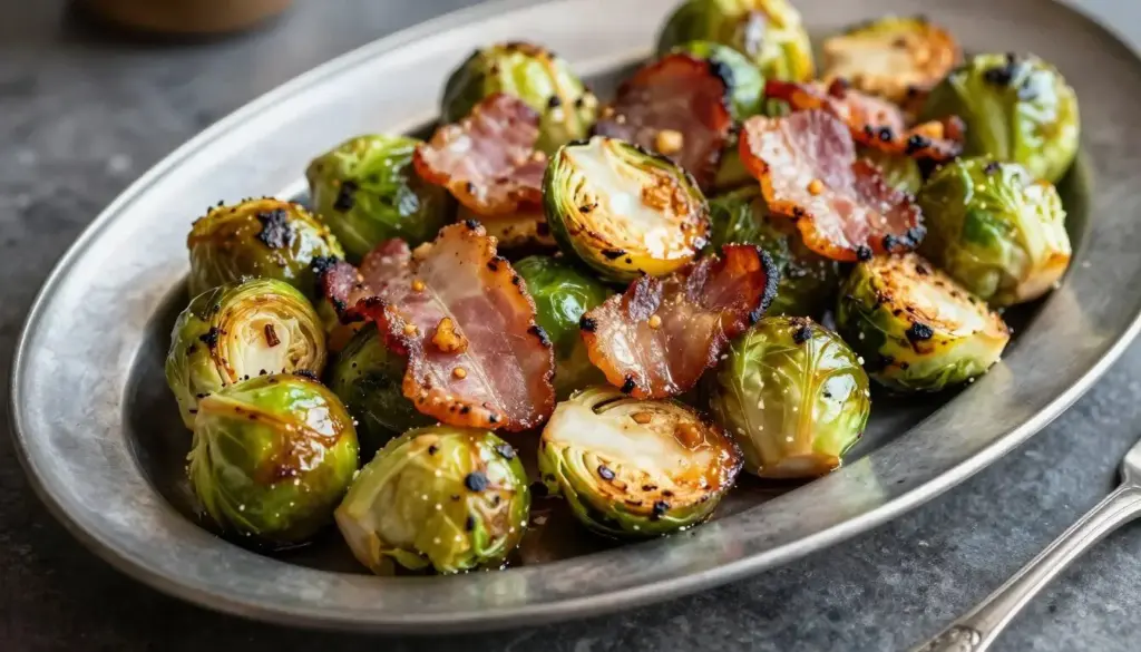 Caramelized roasted Brussels sprouts with crispy bacon in a serving pan