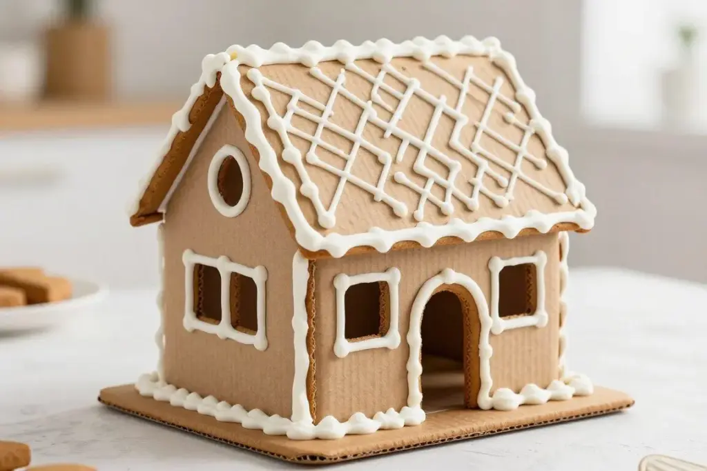 Cardboard gingerbread house silhouette decorated with white chalk marker frosting