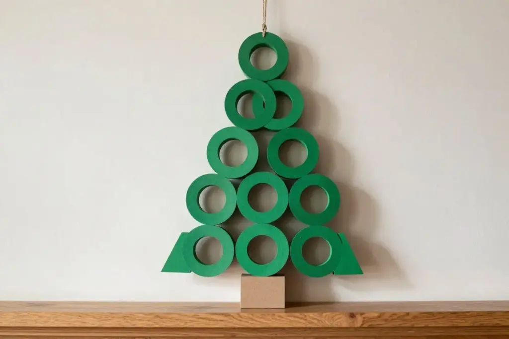 Cardboard roll rings stacked into a tabletop Christmas tree shape
