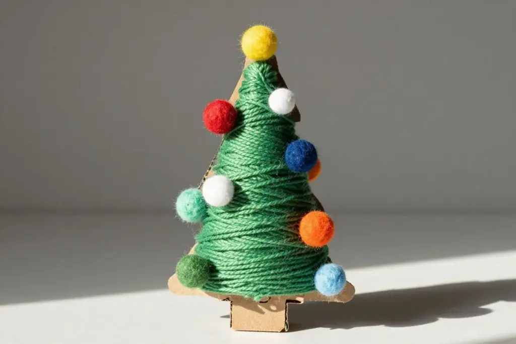 Cardboard triangle wrapped in green yarn and dotted with mini pom-poms