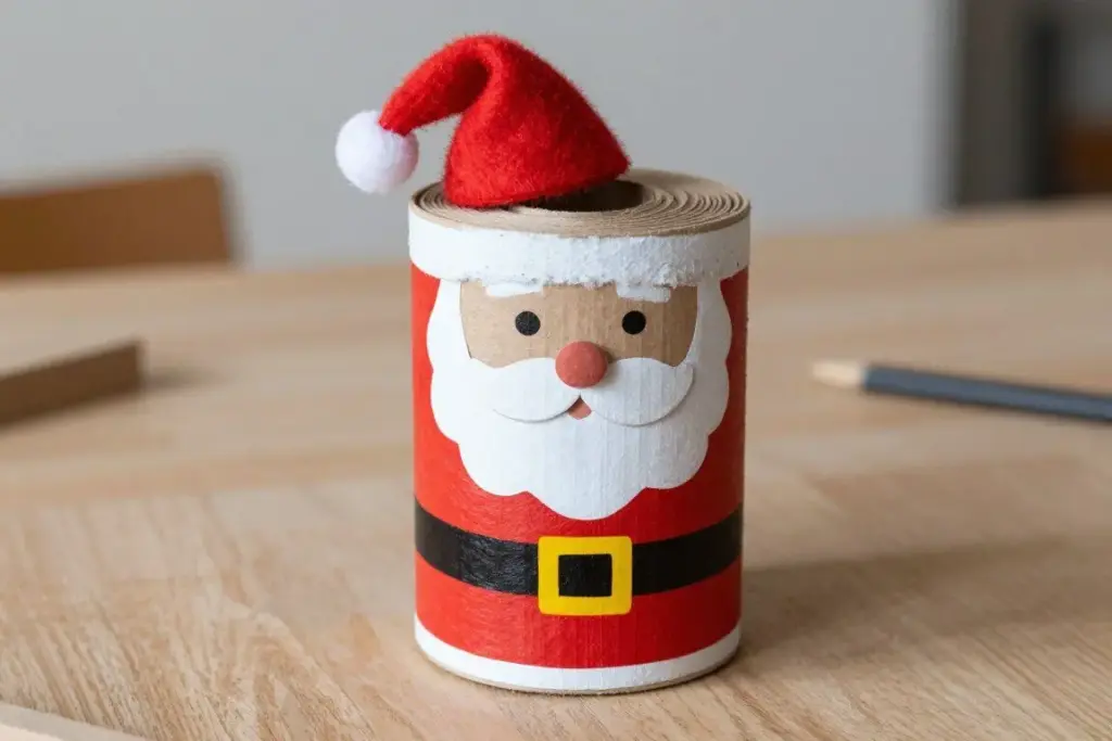 Cardboard tube decorated as a cheerful holiday Santa character