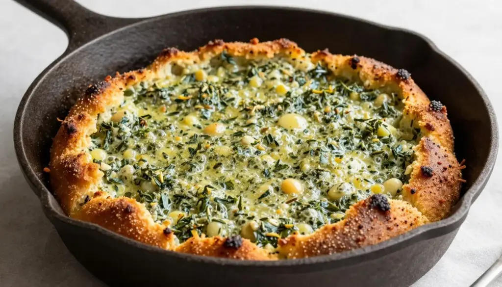 Cast iron skillet stuffing with deeply browned crispy crust