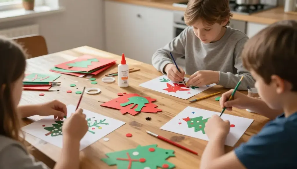 Children working on 40 easy to make Christmas crafts for kids at a wooden table