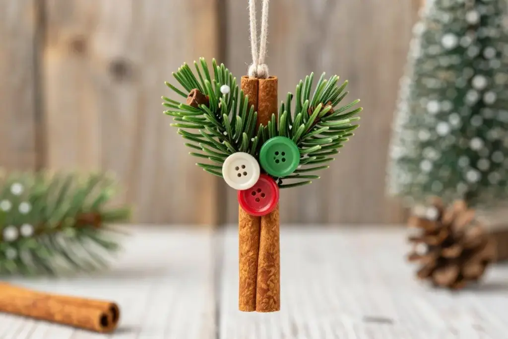 Cinnamon stick tree ornament decorated with small pine sprigs and buttons