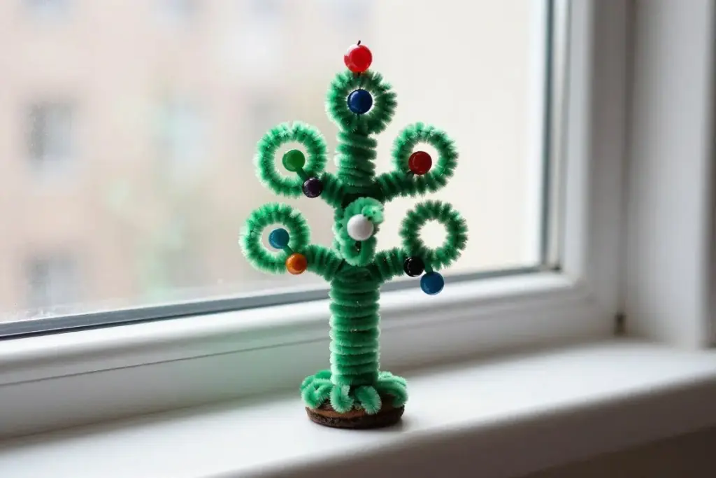 Coiled green pipe cleaner Christmas tree decorated with beads