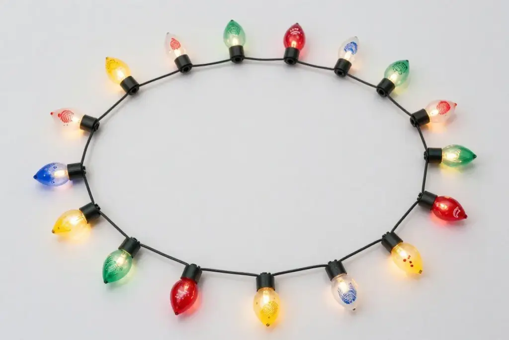 Colorful fingerprint holiday light strand painted across paper