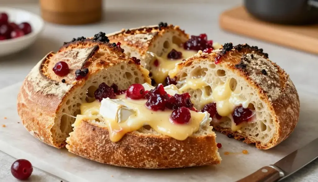 Cranberry brie pull-apart bread with melted cheese oozing from the crust