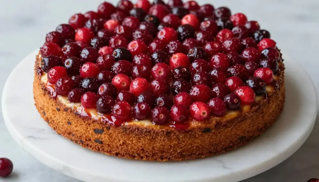 Cranberry upside-down cake displaying a glistening red berry topping