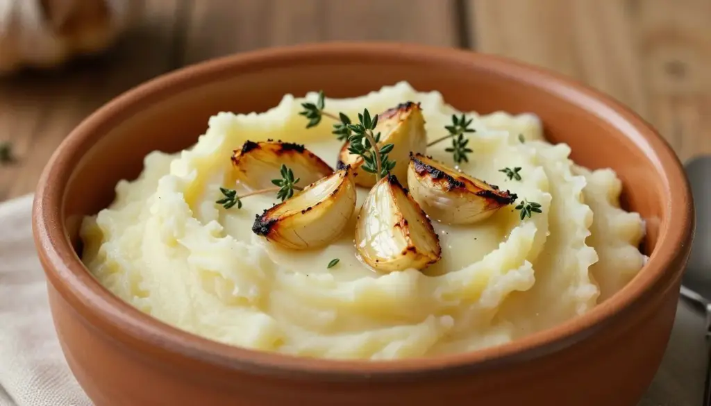 Creamy garlic mashed potatoes with roasted garlic cloves on top