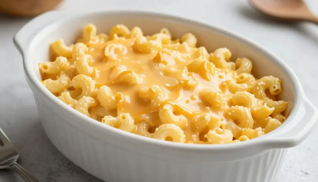 Creamy slow cooker macaroni and cheese with a rich cheese pull