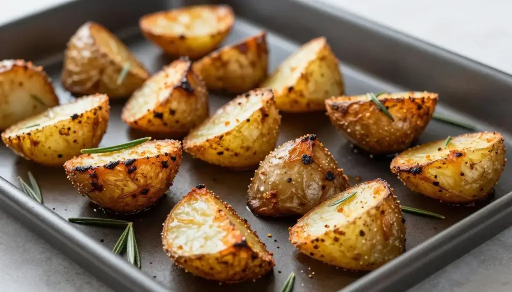 Crispy golden roasted potatoes scattered on a metal baking tray