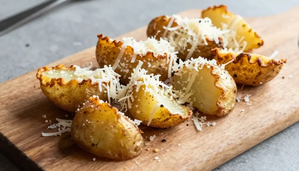 Crispy smashed fingerling potatoes topped with parmesan cheese and herbs