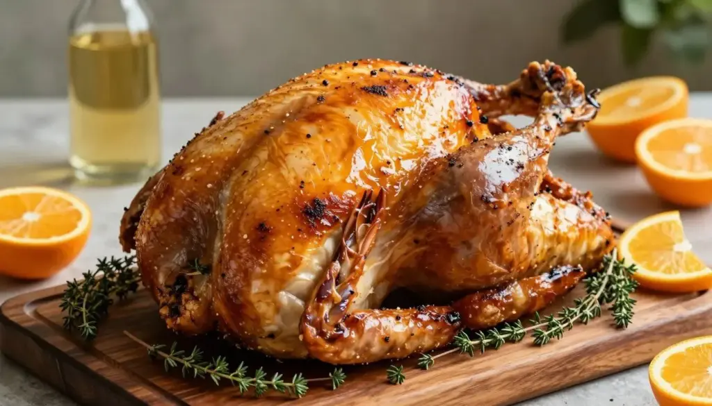 Dry brined roasted turkey on a wooden carving board with herb sprigs