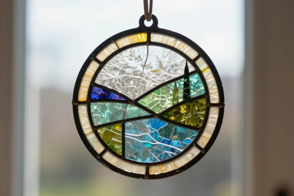 Faux stained glass paper ornament with colored tissue paper glowing in sunlight