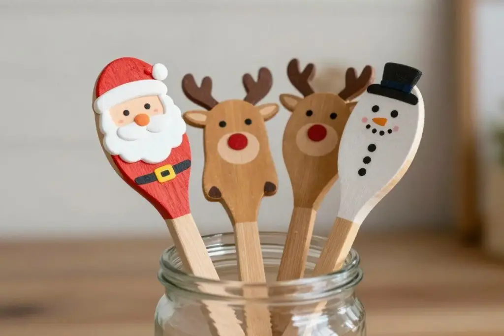 Festive holiday puppets made from painted wooden kitchen spoons
