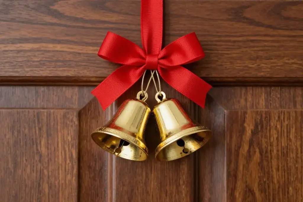 Festive jingle bell door hanger with red ribbon and gold bells