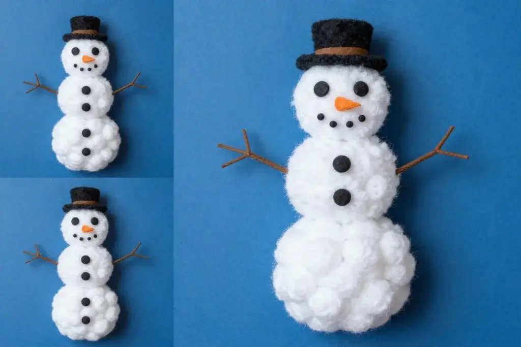 Fluffy cotton ball snowman collage pasted on blue paper background