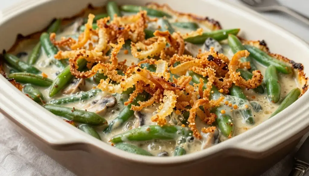 Fresh green bean casserole topped with crispy fried onions in a white baking dish