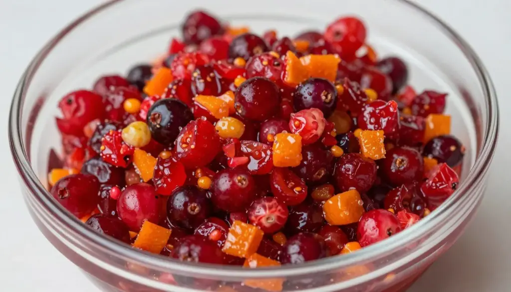 Fresh raw cranberry orange relish in a clear glass dish