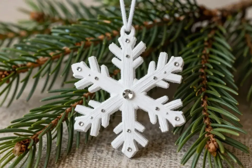 Glittering white popsicle stick snowflake ornament with silver gems