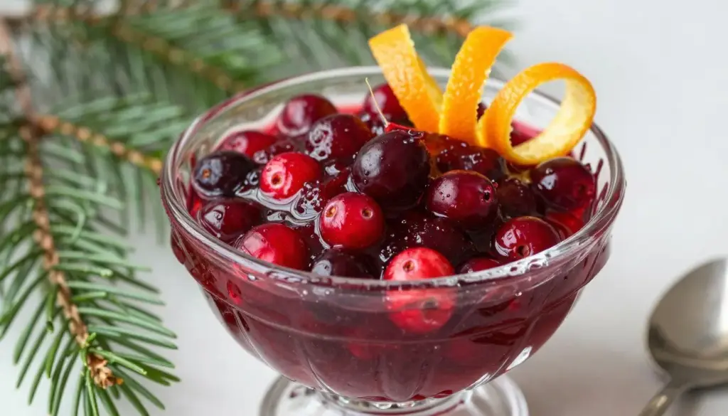 Glossy ruby-red homemade cranberry sauce with fresh orange zest in a glass bowl