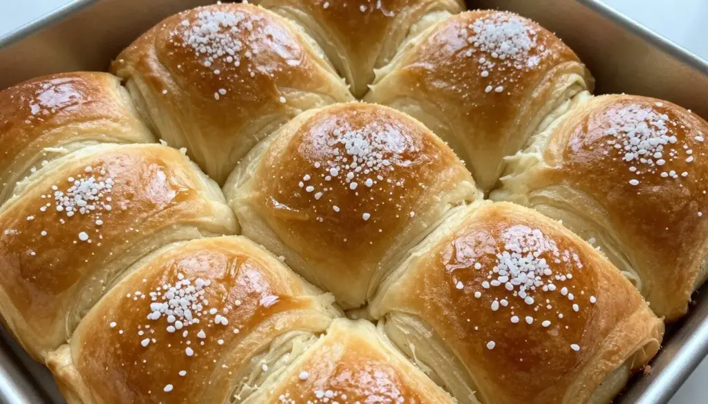 Golden Parker House rolls nestled tightly in a baking pan