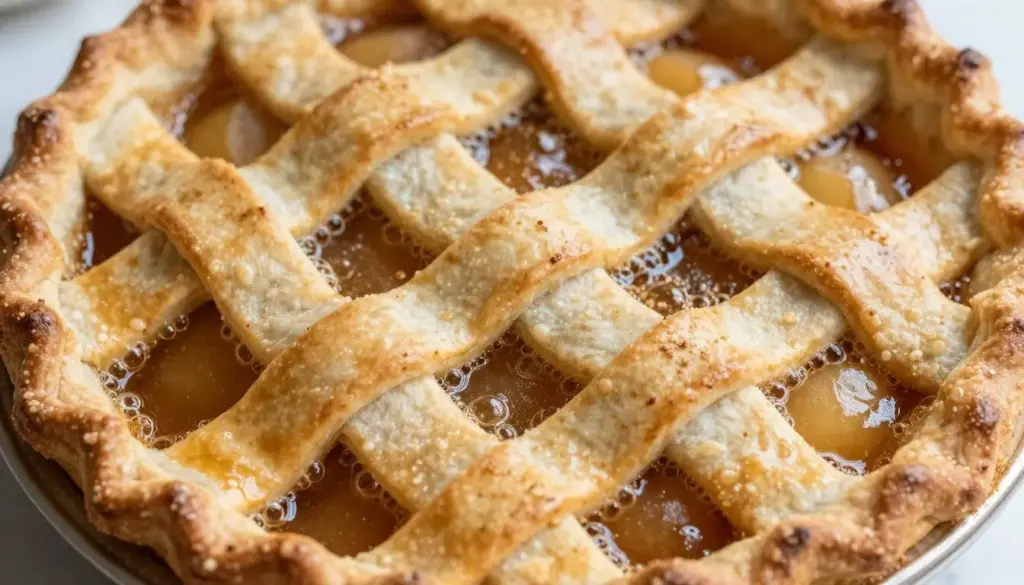 Golden brown lattice topped apple pie cooling on a wooden board