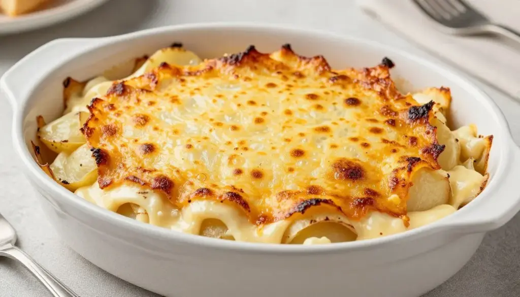 Golden brown scalloped potatoes bubbling in a white gratin dish