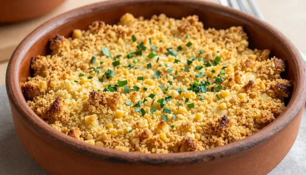 Golden cornbread stuffing with herbs in an earthenware baking dish