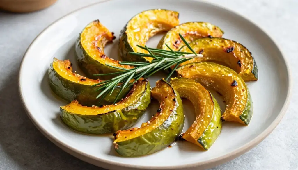 Golden roasted delicata squash rings with fresh herbs on a serving tray