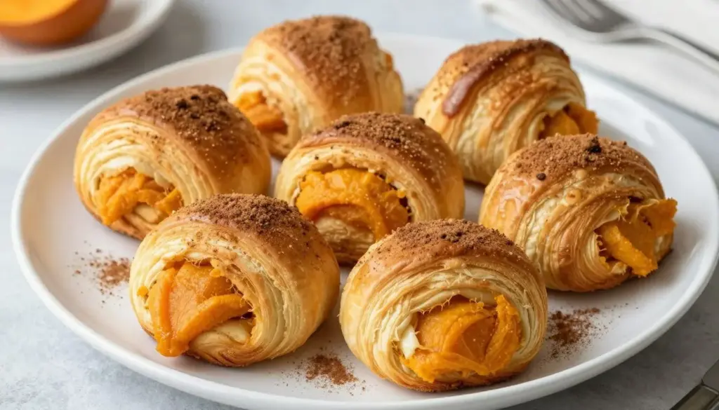 Golden sweet potato crescent bites dusted with cinnamon sugar on a platter